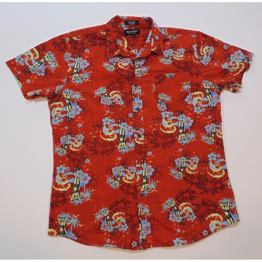 Eighty Eight‎ Platinum Hula Dancer Palm Trees Hawaiian Shirt Men's Medium